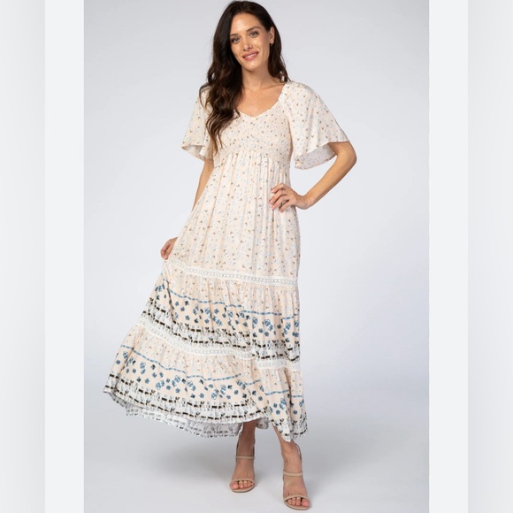 Pink Blush - Cream Printed Smocked Midi Dress - Picture 1 of 8